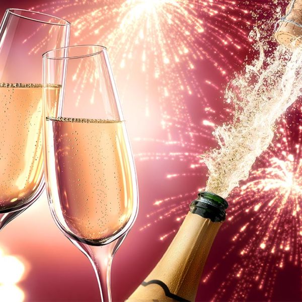 Zwei Gläser stossen an Neujahr an im Hintergrund eine Champagnerflasche und Feuerwerk